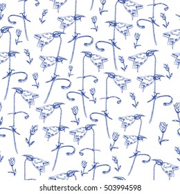Bell flower isolated on white background, hand drawn graphic vector colorful ink sketch, floral decorative seamless pattern for design cosmetic packaging, greeting card, wedding invitation,herbal tea