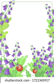 Bell flower and ladybug. Framing of purple flowers and green leaves. Flat vector design with grained texture.

