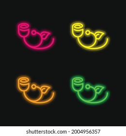 Bell Flower With Leaf Outline four color glowing neon vector icon