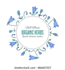 Bell flower vector engraving sketch hand drawn isolated on white background, Round floral frame, decorative wreath for design card, packaging cosmetic, herbal tea, healthy magazine, label florist shop
