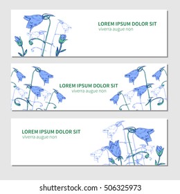 Bell flower vector engraving sketch hand drawn isolated on white background, Horizontal banners, decorative label for design card, packaging cosmetic, herbal tea, healthy magazine, layout florist shop