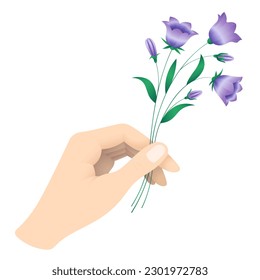 Die Glocke blüht in der Hand. Blumenstrauß mit wilden Blüten und Blättern. BlumenVektorgrafik einzeln auf weißem Hintergrund.