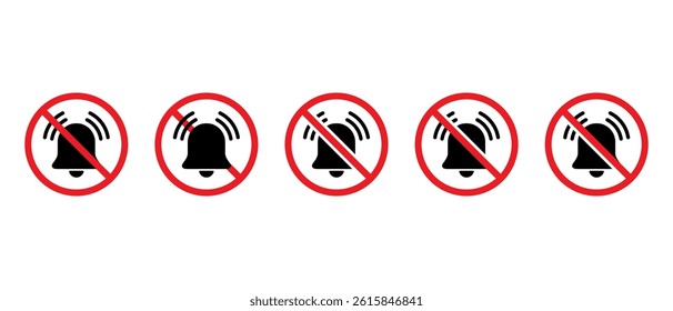 Bell with forbidden icon set collection. Notification prohibition sign. No alarm symbol