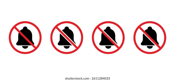 Bell with forbidden sign icon set. No bell, notification prohibition symbol