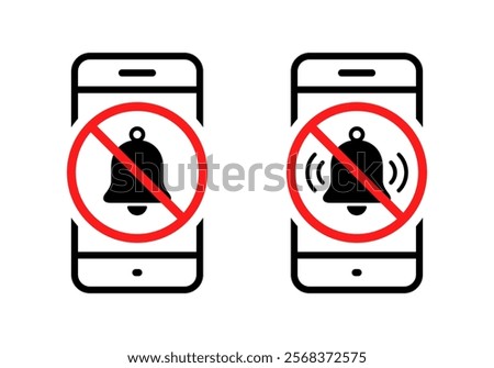 Bell with forbidden sign on phone screen icon. Notification off symbol