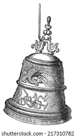 Bell found in the pagoda of Pak Ta, vintage engraved illustration. Le Tour du Monde, Travel Journal, (1872). 