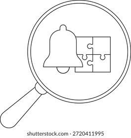 Eine Glocke und ein vierteiliges Puzzle sind durch eine Lupe zu sehen