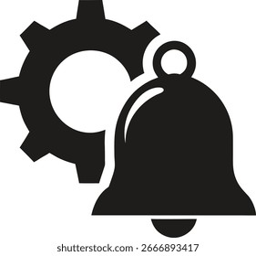 Bell and gear icon representing settings or configuration isolated on white background