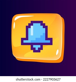 Bell glossy ui button with pixelated color icon. Receive notification. Communication system. Editable 8bit graphic element on shiny glass rectangle shape. Isolated image for arcade, video game design