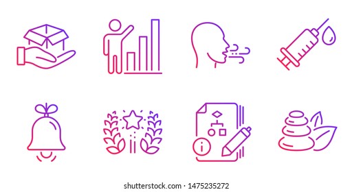 Bell, Graph chart and Medical syringe line icons set. Ranking, Hold box and Breathing exercise signs. Algorithm, Spa stones symbols. Alarm signal, Growth report. Business set. Vector