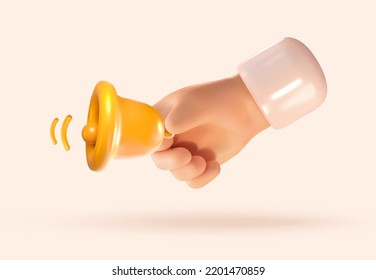 Bell in hand. Concept of alert, news or call. School bell. Realistic 3d graphics. Vector illustration