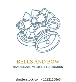 Bell. Hand drawn bell with bow.
Retro style sketch drawing Christmas bell illustration.
Christmas and  happy new year symbol.