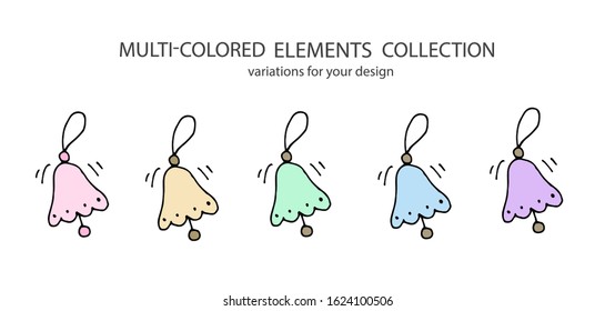 Bell, hand drawn line icon set with many coloring variations. Isolated stock vector on white background, multicolored lines. Doodle style for prints, mugs, postcards, web decor elements.
