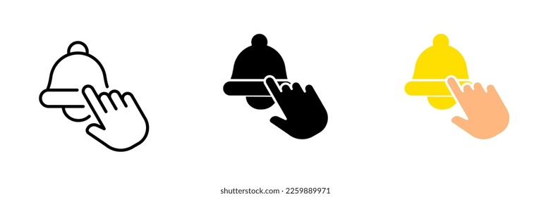 Bell and hand. Turn on notifications, click on the button, message, reminder, loud sound, ringtone, ring. Vector set icon in line, black and colorful styles isolated on white background