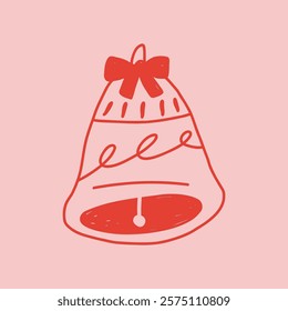 Bell for hanging on Christmas tree in cute doodle style, vector illustration isolated on pink background. Hand drawn outline of Christmas ornament. Winter holiday decoration.