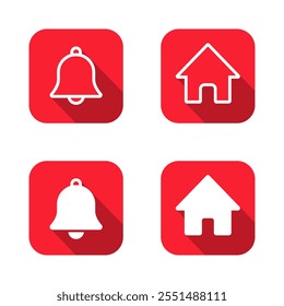 Bell and home icon with long shadow. New notice and house sign symbol on red square