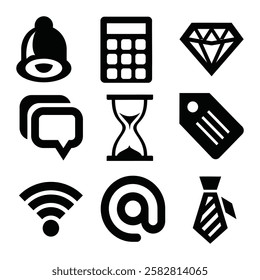 bell icon, calculator, diamond, speech bubble, hourglass, price tag, wifi symbol, at sign, necktie, simple shapes, clean lines, bold silhouettes,