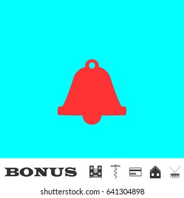Bell icon flat. Red pictogram on blue background. Vector illustration symbol and bonus buttons Music center, corkscrew, credit card, house, drum