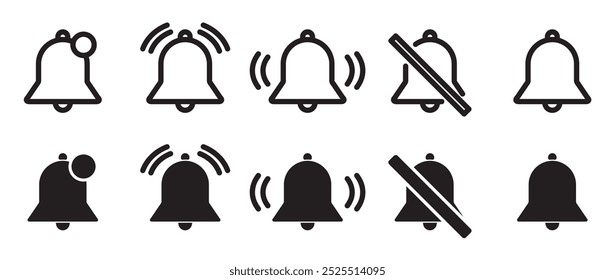 Bell icon in flat shape, Set of notification bell icons. Alarm symbol. Ringing bell reminder icon, Inbox new message sign, Notification icon vector illustration on transparent background.