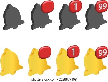 the bell icon is gold and dark gray. 3d notification bell icon 