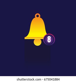 Bell icon with long shadow. design style. Round icon. Bell silhouette. Simple circle icon. Modern flat icon in stylish colors. Web site page and mobile app design vector element. on blue background