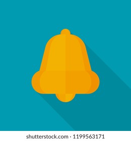 Bell icon with long shadow on blue background, flat design style