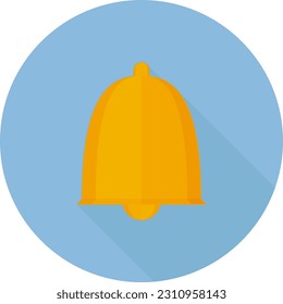 Bell icon with long shadow on blue background, flat design style