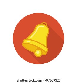 Bell icon with long shadow. Vector bell sign in flat style, isolated on white background. Ringing bells emblem in cartoon styling. Illustration EPS 10.