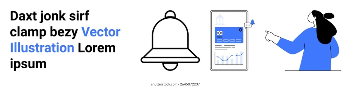Bell icon, mobile phone displaying a notification with a chart, person pointing. Ideal for notifications, app design, user interface, business analytics, communication, digital alerts, social media