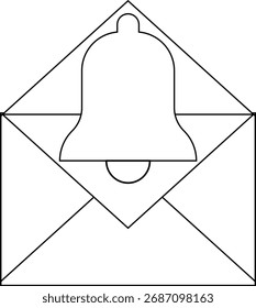 Glockensymbol und offenes Nachrichtensymbol auf weißem Hintergrund.mit schwarzen Linien