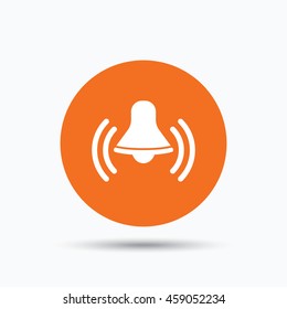 Bell icon. Reminder alarm signal symbol. Orange circle button with flat web icon. Vector