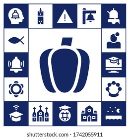 bell icon set. 17 filled bell icons.  Simple modern icons such as: Alert, Christianity, Alarm, Paprika, Tambourine, Notification, Education, University, Giralda, Church, Bell