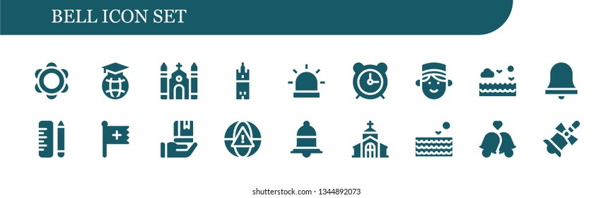 bell icon set. 18 filled bell icons.  Simple modern icons about  - Tambourine, Education, Church, Giralda, Alarm, Alarm clock, Concierge, Sea, Alarm bell, School, Christian, Notification