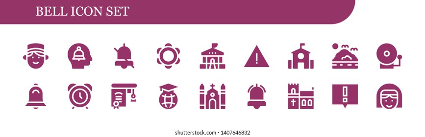 bell icon set. 18 filled bell icons.  Simple modern icons about  - Concierge, Alert, Alarm, Tambourine, School, Sea, Alarm bell, Alarm clock, Education, Church, Nun