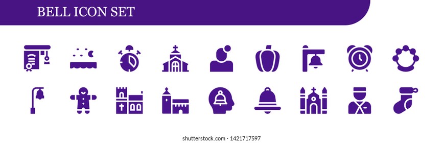 bell icon set. 18 filled bell icons.  Collection Of - Education, Sea, Alarm, Church, Notification, Paprika, Bell, Alarm clock, Tambourine, Gingerbread, Alert, Bellboy, Christmas sock