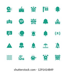 bell icon set. Collection of 25 filled bell icons included Alarm, Alarm clock, Ringer, Wake up, Sea, Bell, Alert, Notification, Church, School, Education, Hotel signal, Ring
