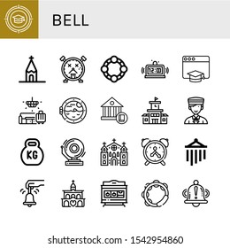 bell icon set. Collection of Education, Church, Alarm clock, Tambourine, Alarm, Lobby, Boat porthole, School, Bellboy, Kettlebell, School bell, Wind chimes, Bell, Slot machine icons