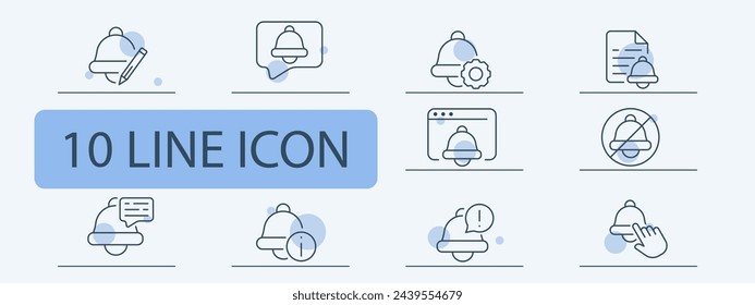 Bell icon set. Cursor, mouse, site, notification, information, file, message. 10 line icon style. Vector line icon for business and advertising