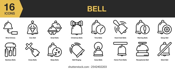 Bell icon set. Includes wind chimes, time, small, receptionist, cow bell, and More. Outline icons vector collection.