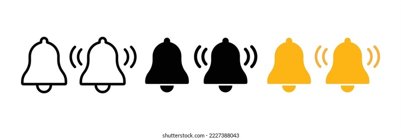 Conjunto de iconos de la Campana. Icono de timbre de notificación. Símbolo de alarma. Llamando a la campana y notificando por reloj y teléfono inteligente. Signo de mensaje entrante. Ilustración del vector