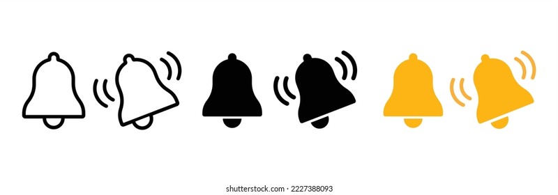 Conjunto de iconos de la Campana. Icono de timbre de notificación. Símbolo de alarma. Llamando a la campana y notificando por reloj y teléfono inteligente. Signo de mensaje entrante. Ilustración del vector