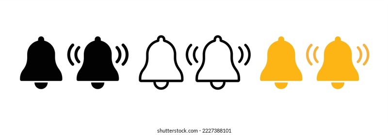 Conjunto de iconos de la Campana. Icono de timbre de notificación. Símbolo de alarma. Llamando a la campana y notificando por reloj y teléfono inteligente. Signo de mensaje entrante. Ilustración del vector