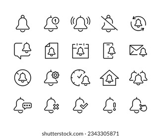 bell icon set Notification. Mute, Notice, Notification Alert notification. Alarm notice sign. Sipmle ring new message or subscription line icons set, editable stroke isolated on white, linear vector