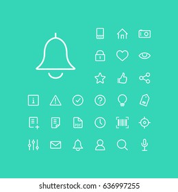 Bell icon in set on the green background. Universal linear icons to use in web and mobile app.