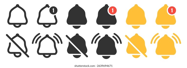 Bell icon set on transparent. Alarm symbol, Incoming message. Bell for subscribe, alarm and push chat alert. New message notofication icons collection