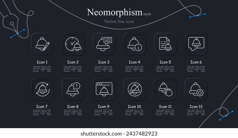 Bell icon set. Pencil, clock, alarm, notification, reminder, file, message, settings. Glassmorphism style. Vector line icon for business and advertising