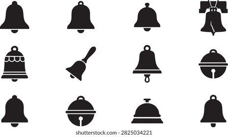 Bell icon set with twelve black designs in varied styles and shapes for digital interface design