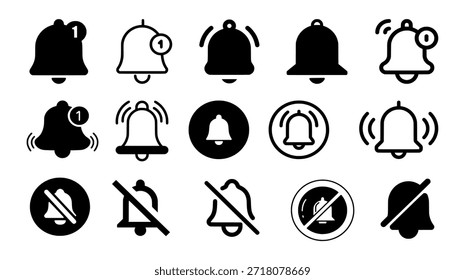 Glockensymbol im Vektorsilhouettenstil, das Benachrichtigungs-, Warnungs-, Stummschaltungs- und Schnittstellensymbole für UI-Designvorlagen anzeigt.