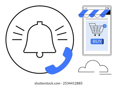 Bell icon signifies notifications, mobile screen with shopping cart button denotes online shopping, phone handle indicates communication, and cloud suggests online storage. Ideal for e-commerce