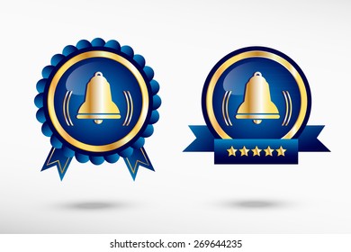 Bell icon and stylish quality guarantee badges. Blue colorful Promotional Labels